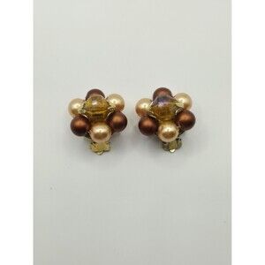 Cluster Beaded Clip-On Earthtone VTG Earrings Hong Kong 1"